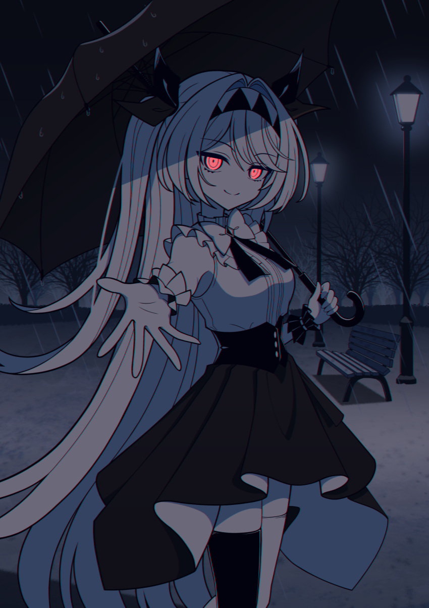 1girl, colored_skin, cowboy_shot, dogari, glowing, glowing_eyes, grey_scarf, hairband