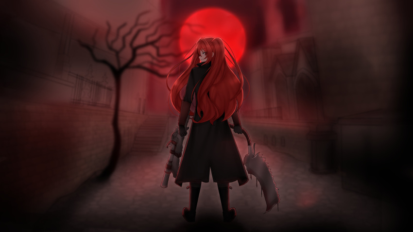 1girl, absurdres, black_boots, black_coat, bloodborne, boots, cleaver, coat