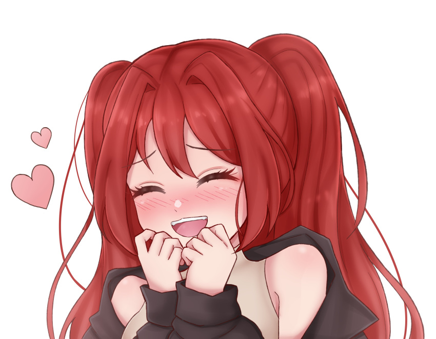 1girl, absurdres, bare_shoulders, black_jacket, blush, closed_eyes, commentary_request, commission