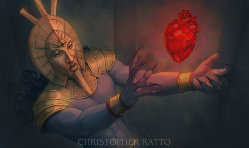 1boy, artist_name, black_hair, christopher-ratto, claws, colored_skin, dagoth_ur, dagoth_ur's_mask