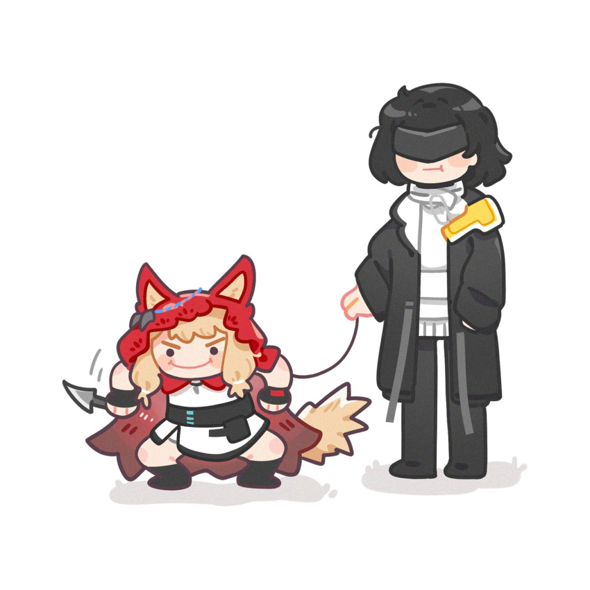 2girls, animal_ears, arknights, arknights:_endfield, blonde_hair, cape, chibi, commentary, endministrator_(arknights), english_commentary, female_endministrator_(arknights), fenrishion, highres, holding, hood, hood_up, hooded_cape, leash, long_hair, meme, meme_request, multiple_girls, red_cape, rossi_(arknights), tail, wolf_ears, wolf_girl, wolf_tail