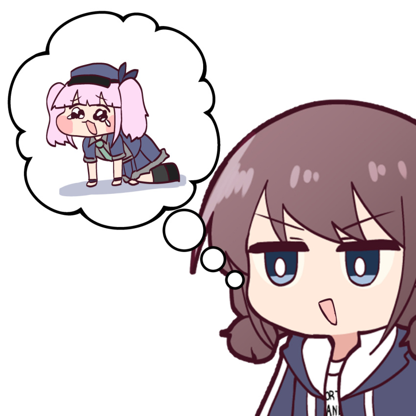 2girls, all_fours, blue_eyes, blue_hat, blue_hoodie, blue_jacket, blue_skirt, blush_stickers