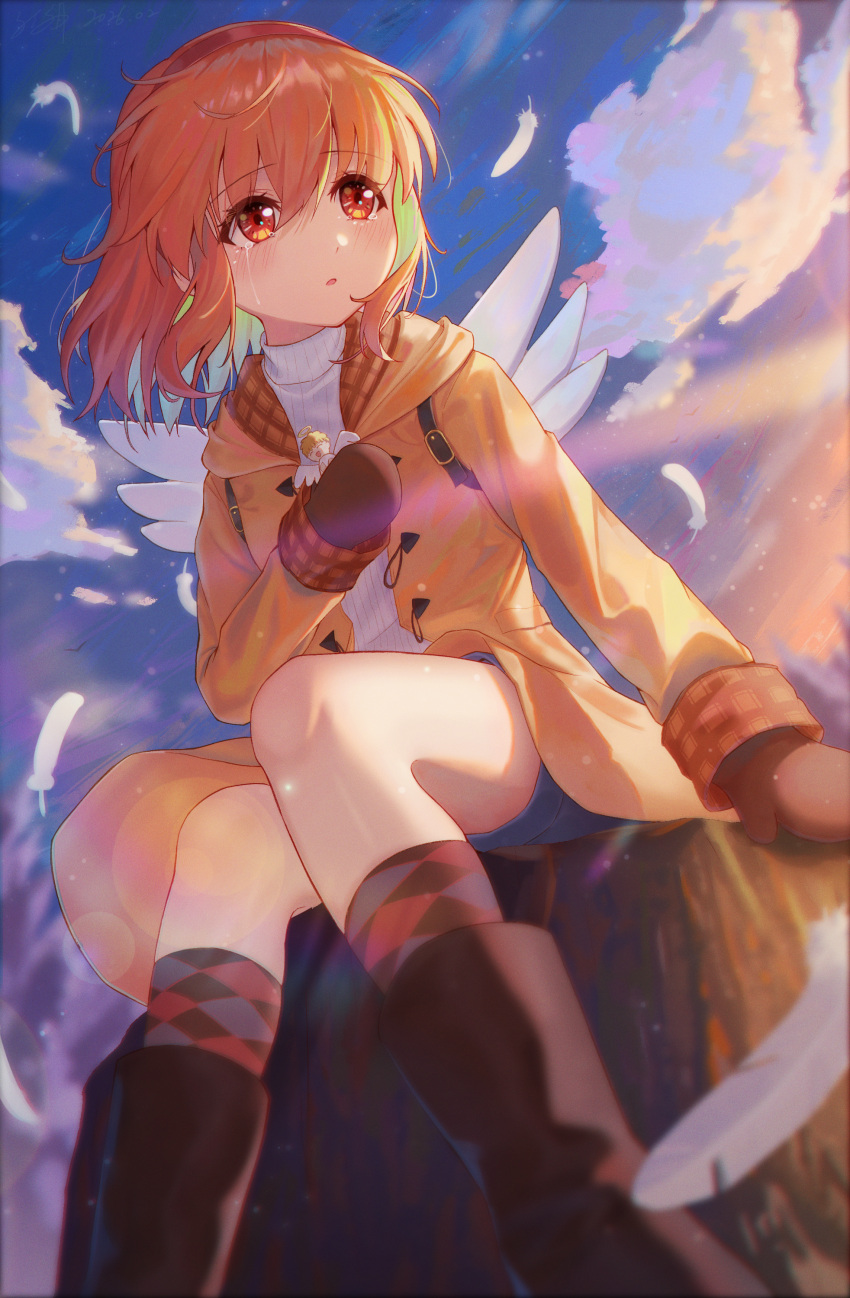 1girl, absurdres, angel_wings, argyle_clothes, argyle_socks, arm_at_side, black_boots, blue_shorts