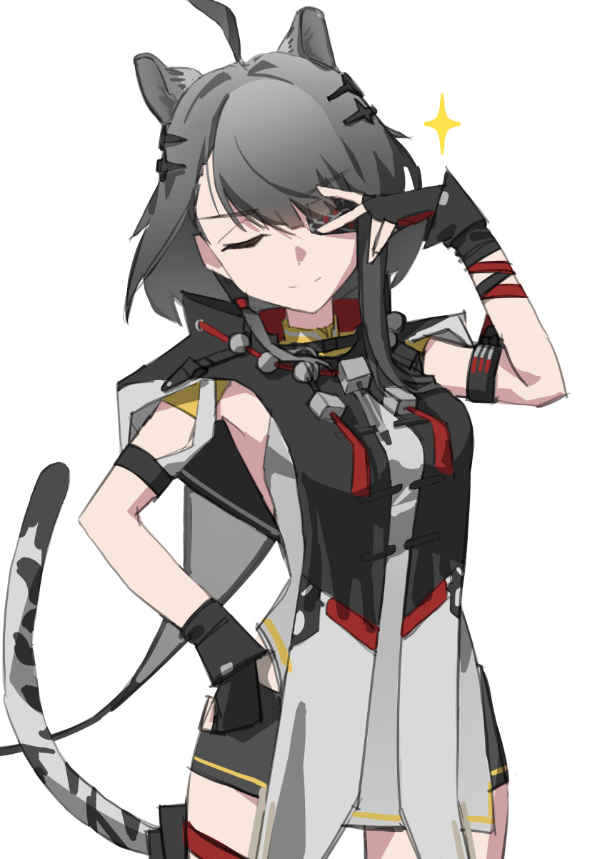 1girl, absurdres, ahoge, animal_ears, arknights, arknights:_endfield, black_shorts, closed_eyes, cowboy_shot, extra_ears, eyepatch, fingerless_gloves, gloves, hair_ornament, highres, hrtk, shirt, shorts, simple_background, smile, solo, sparkle, split_mouth, tail, tangtang_(arknights), tiger_ears, tiger_girl, tiger_tail, white_background, white_shirt