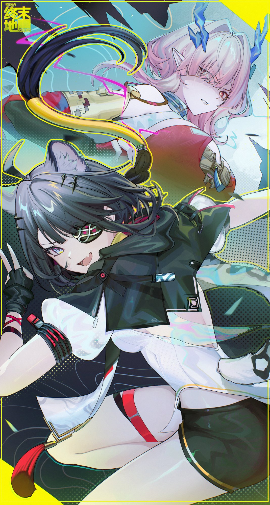 2girls, animal_ears, arknights, arknights:_endfield, bare_shoulders, black_hair, blue_eyes, braid