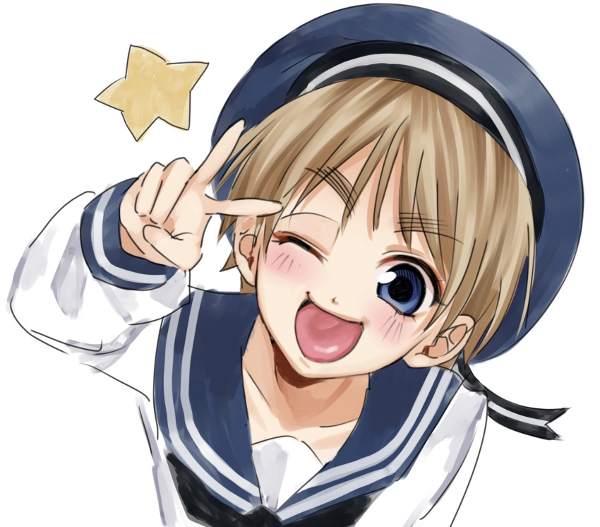 1boy, axis_powers_hetalia, black_neckerchief, blonde_hair, blue_eyes, blue_sailor_collar, blush, commentary, english_commentary, hat, head_tilt, highres, neckerchief, one_eye_closed, open_mouth, sailor, sailor_collar, sailor_hat, sealand_(hetalia), short_hair, simple_background, solo, star_(symbol), thick_eyebrows, toboso_yana_(style), v, white_background, wormy_owo