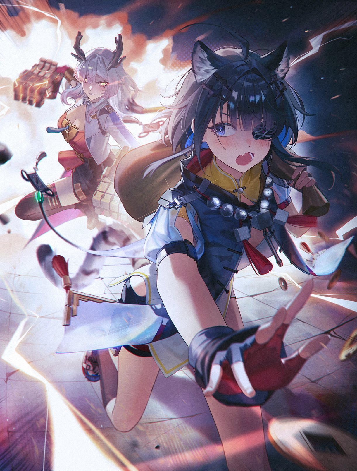 2girls, animal_ears, arknights, arknights:_endfield, black_hair, blue_eyes, boxing_gloves, dragon_girl