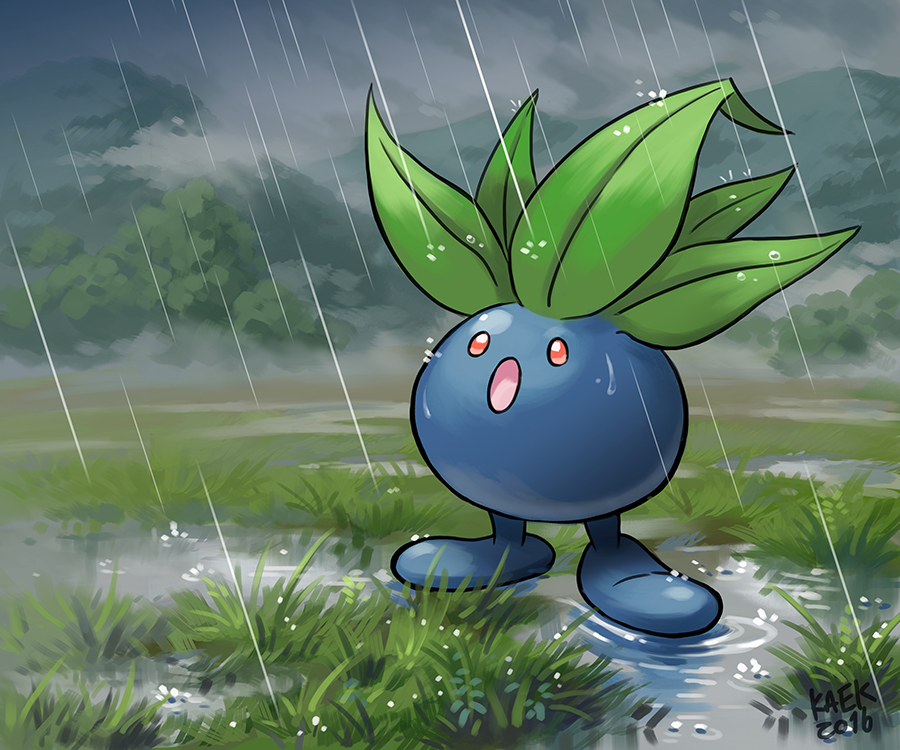 :o, artist_name, commentary, dated, english_commentary, full_body, grass, kaek_art, no_humans, oddish, open_mouth, outdoors, pokemon, pokemon_(creature), pokemon_focus, puddle, rain, sky, solo, water, wet