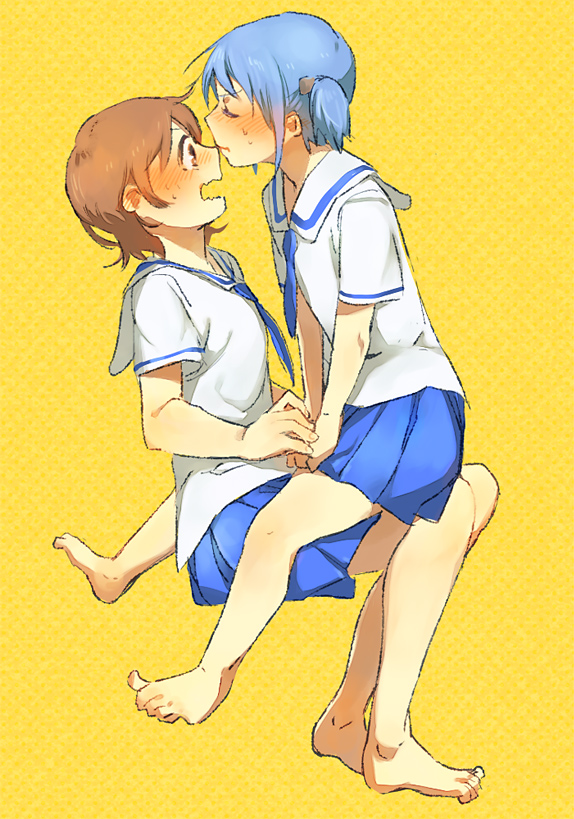 aioi_yuuko, barefoot, blue_hair, blush, brown_eyes, brown_hair, closed_eyes, eyes_closed