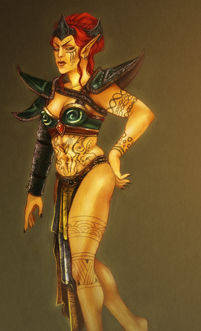 1girl, absurdres, almalexia, arm_tattoo, armor, boobplate, brown_background, crown