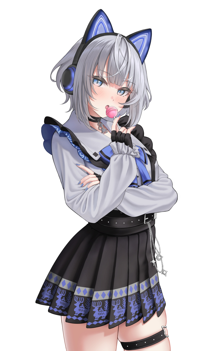1girl, absurdres, animal_ear_headphones, animal_ears, black_choker, blue_eyes, blue_nails, candy