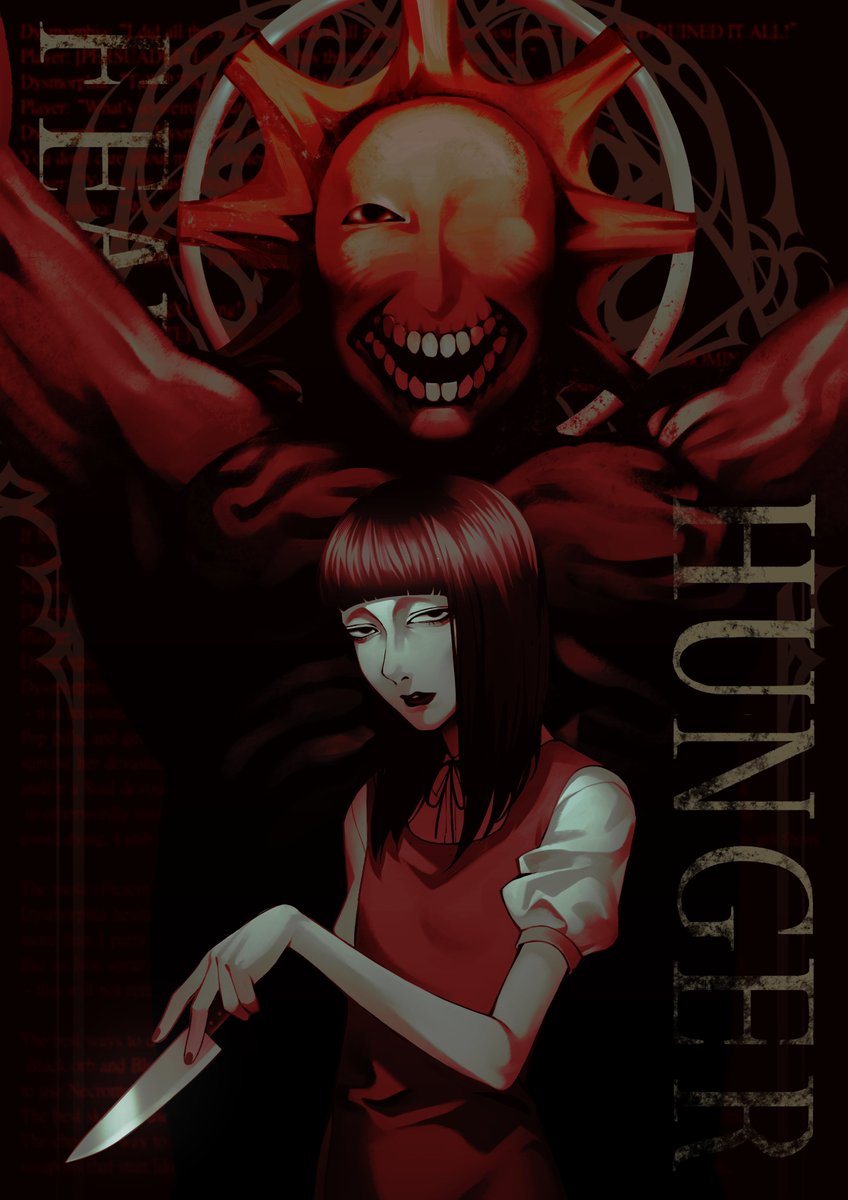 1girl, 1other, blunt_bangs, chinese_commentary, commentary_request, copyright_name, dress, dual_persona, dysmorphia_(fear_&amp;_hunger), english_text, fear_&amp;_hunger_(series), fear_&amp;_hunger_2:_termina, flora910525, highres, holding, holding_knife, knife, lips, looking_at_viewer, medium_hair, one-eyed, pinafore_dress, red_thighhighs, samarie_(fear_&amp;_hunger), sleeveless, sleeveless_dress, thigh-highs, upper_body