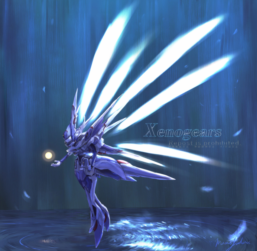 anniversary, commentary_request, copyright_name, floating, highres, in-universe_location, mame_yuduru, mecha