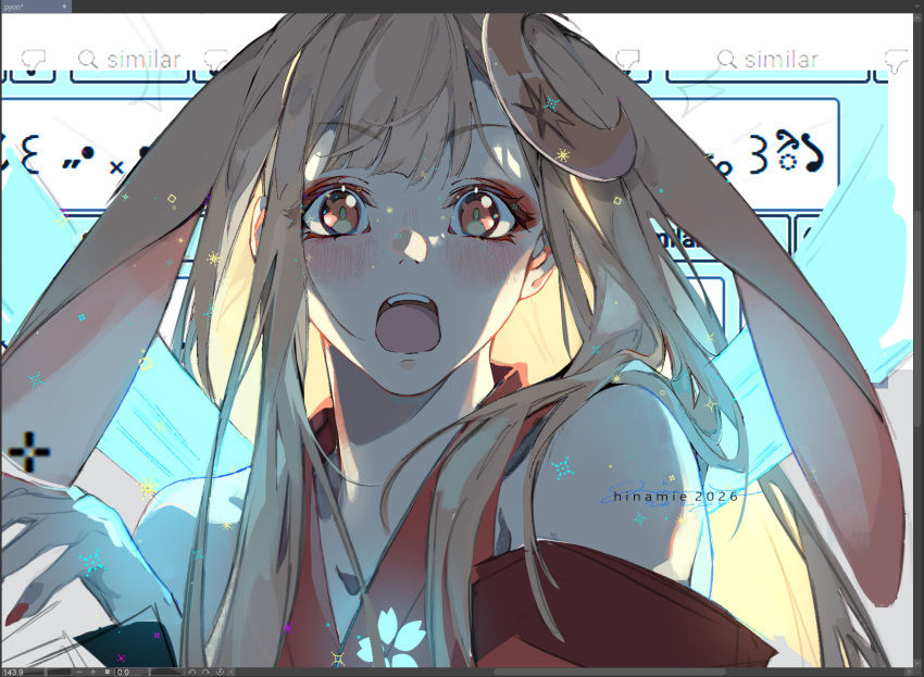1girl, animal_ears, art_program_in_frame, art_program_request, artist_name, bare_shoulders, blonde_hair, cherry_blossom_print