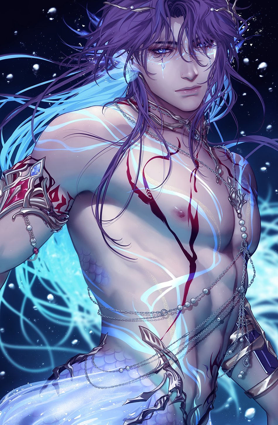 1boy, abs, armlet, blue_eyes, body_markings, closed_mouth, commentary, english_commentary, facial_mark, fins, fish_tail, gold_armlet, hair_between_eyes, highres, jewelry, long_hair, love_and_deepspace, male_focus, merman, monster_boy, multiple_necklaces, necklace, nipples, official_alternate_costume, official_alternate_hair_length, official_alternate_hairstyle, parted_bangs, pectorals, purple_hair, rafayel_(love_and_deepspace), scales, solo, tail, topless_male, water_drop, wavy_hair, zhyphenth