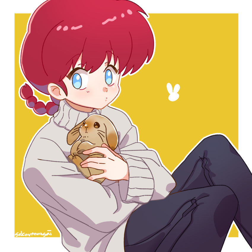 1girl, animal, artist_name, black_pants, blue_eyes, braid, closed_mouth, commentary_request, dot_mouth, grey_sweater, highres, holding, holding_animal, miyano68mamo, pants, rabbit, ranma-chan, ranma_1/2, red_hair, single_braid, sweater, yellow_background