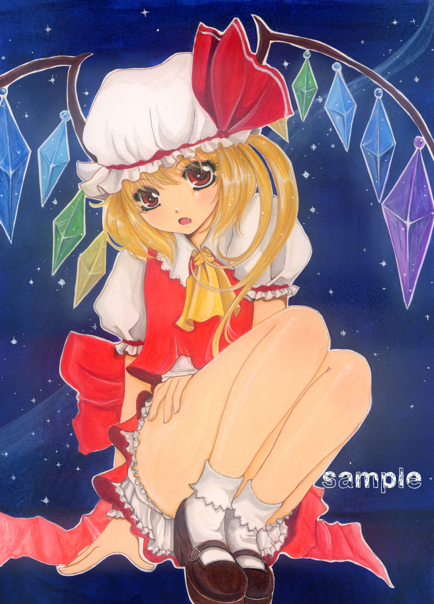 absurdres, acrylic_paint_(medium), arm_support, ascot, bare_legs, blonde_hair, bloomers, bobby_socks