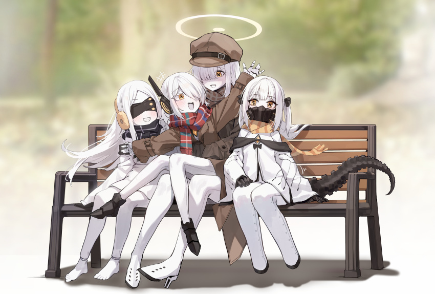 4girls, :d, absurdres, barefoot, bench, black_mask, black_scarf, black_tail