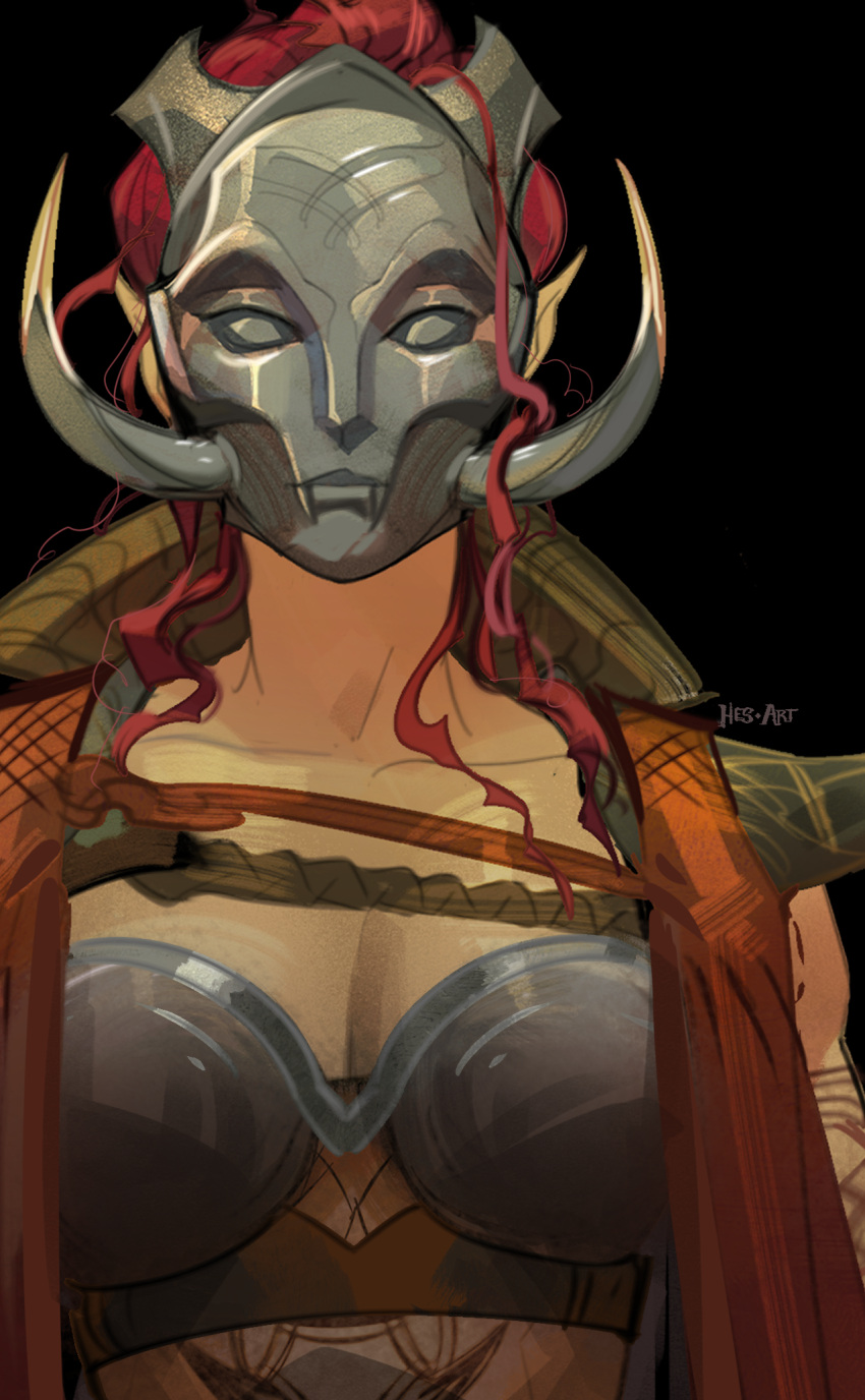 1girl, almalexia, almalexia's_mask, armor, black_background, boobplate, brown_scarf, commentary, english_commentary, facing_viewer, gold_skin, highres, mask, red_hair, sbeep, scarf, shoulder_armor, solo, stomach_tattoo, tattoo, the_elder_scrolls, the_elder_scrolls_iii:_morrowind, upper_body