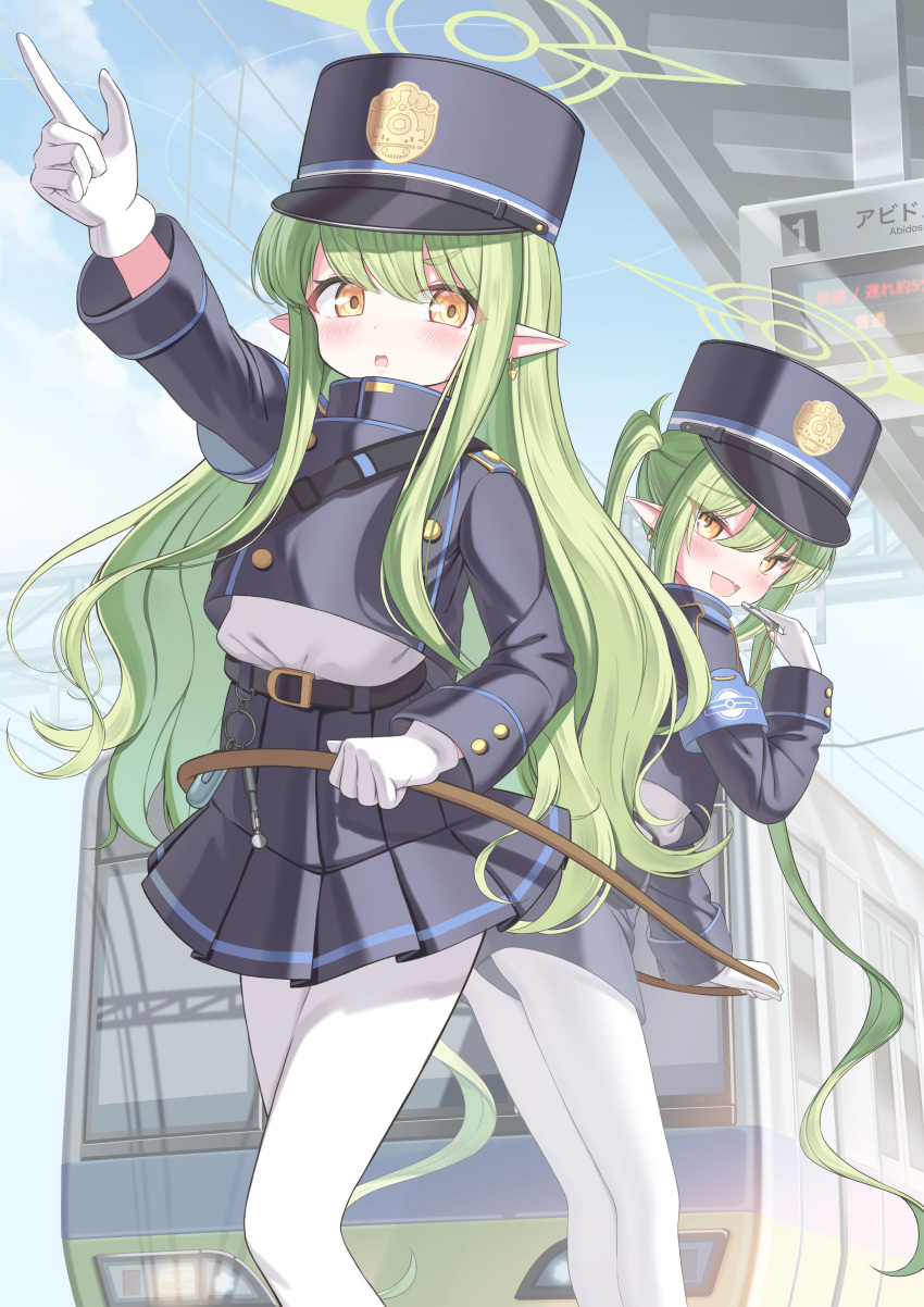 2girls, absurdres, armband, belt, black_belt, black_hat, black_shirt, black_skirt