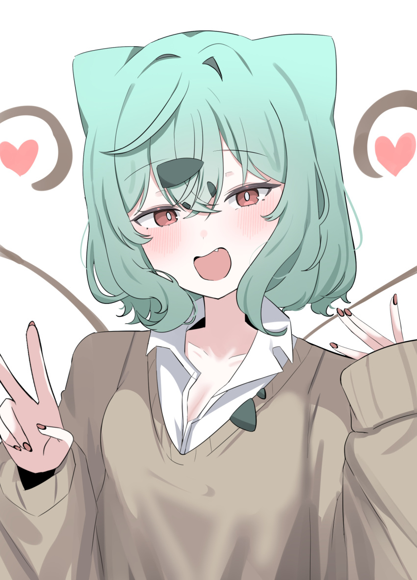 1girl, absurdres, bright_pupils, brown_sweater, bulbasaur, collared_shirt, commentary_request, cone_hair_bun
