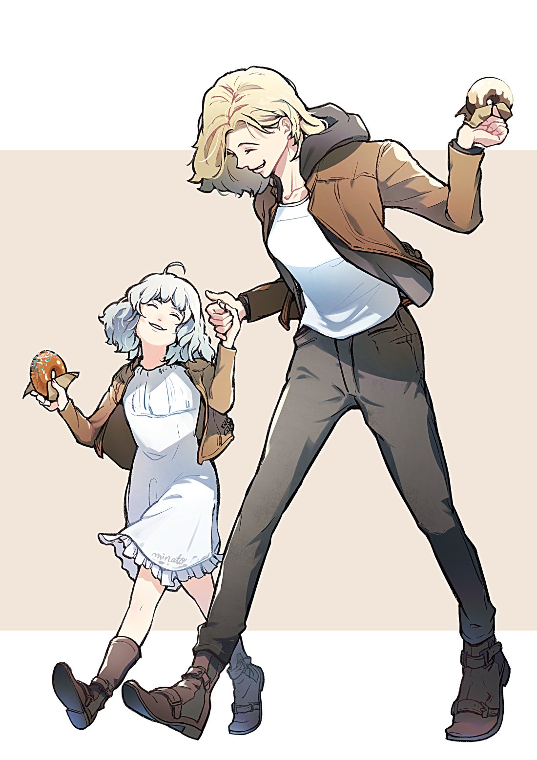 2girls, blonde_hair, closed_mouth, commentary_request, dress, emily_(resident_evil), food, grace_ashcroft