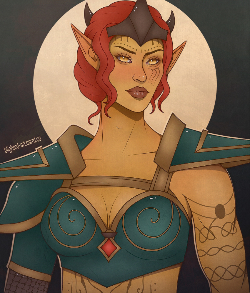 1girl, almalexia, arm_tattoo, armor, blighted-elf, boobplate, commentary, crown