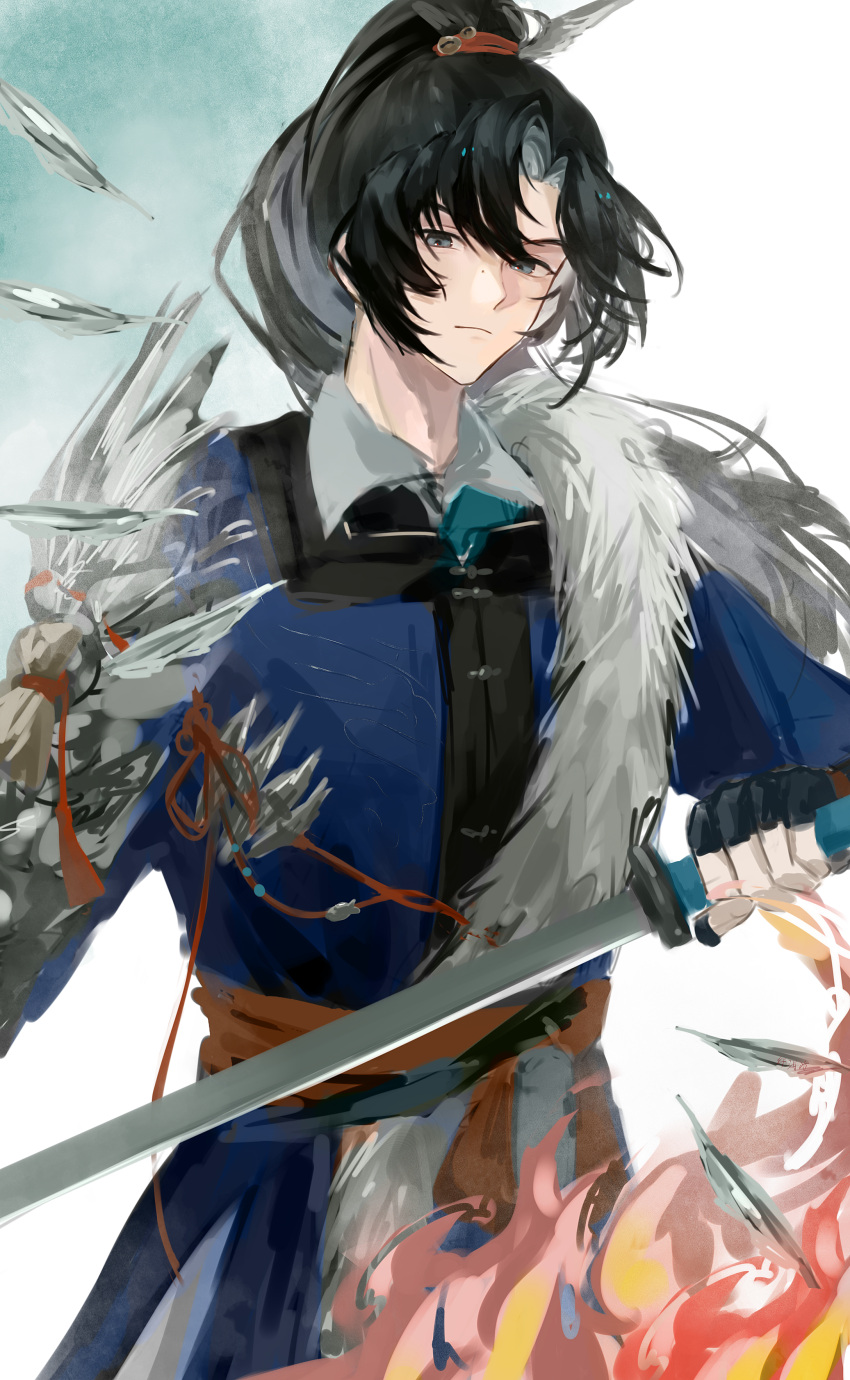 1boy, absurdres, black_eyes, black_hair, blue_robe, cheng_heguang, dao, feather_boa