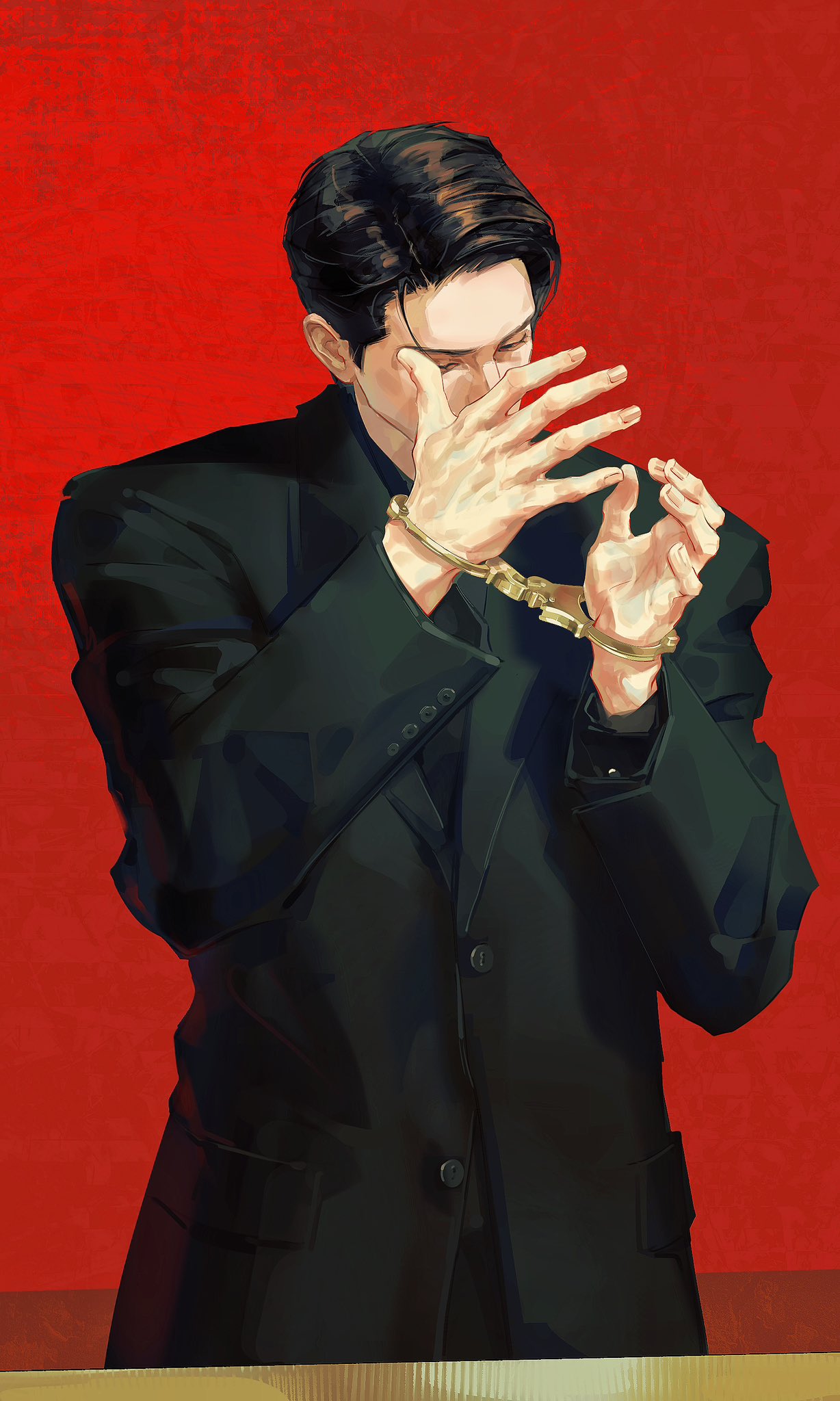 1boy, awa444, black_hair, black_pants, black_shirt, black_suit, business_suit, closed_eyes
