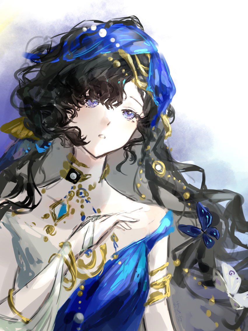 1girl, absurdres, black_hair, blue_butterfly, blue_dress, blue_veil, bug, butterfly
