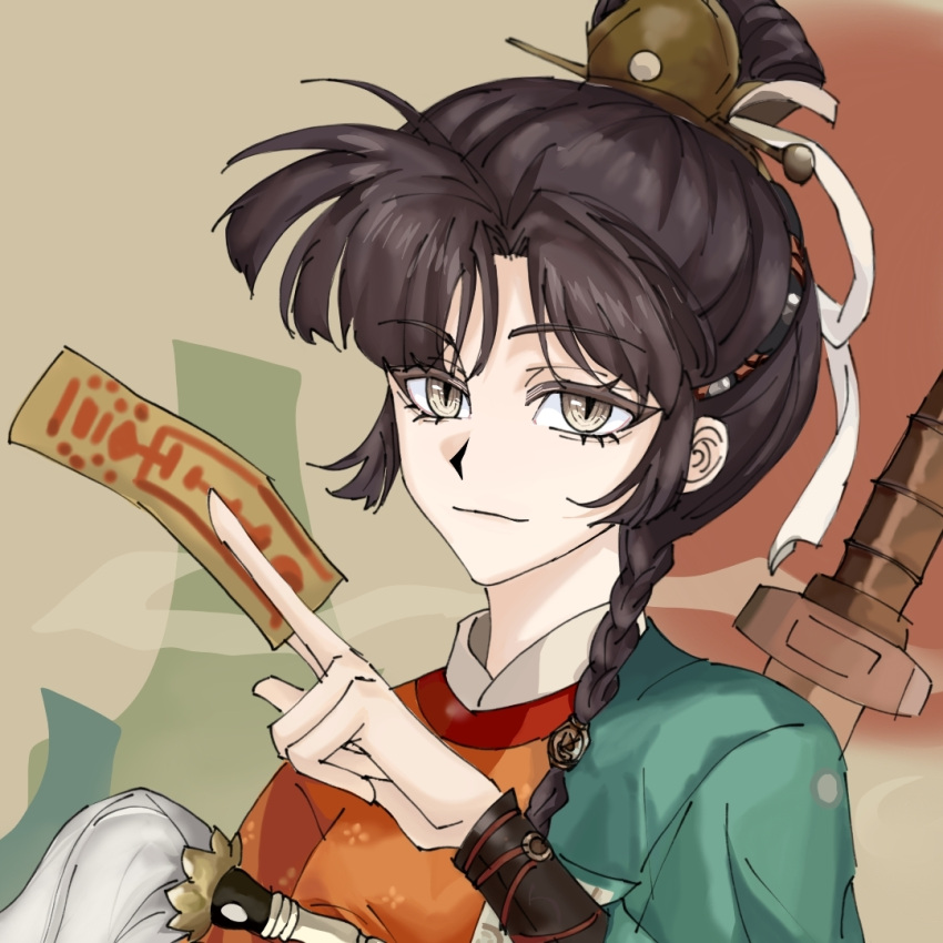 1girl, an-an_lee, an-an_lee_(between_clouds_and_pine_trees), between_fingers, black_hair, braid, brown_background, chinese_commentary
