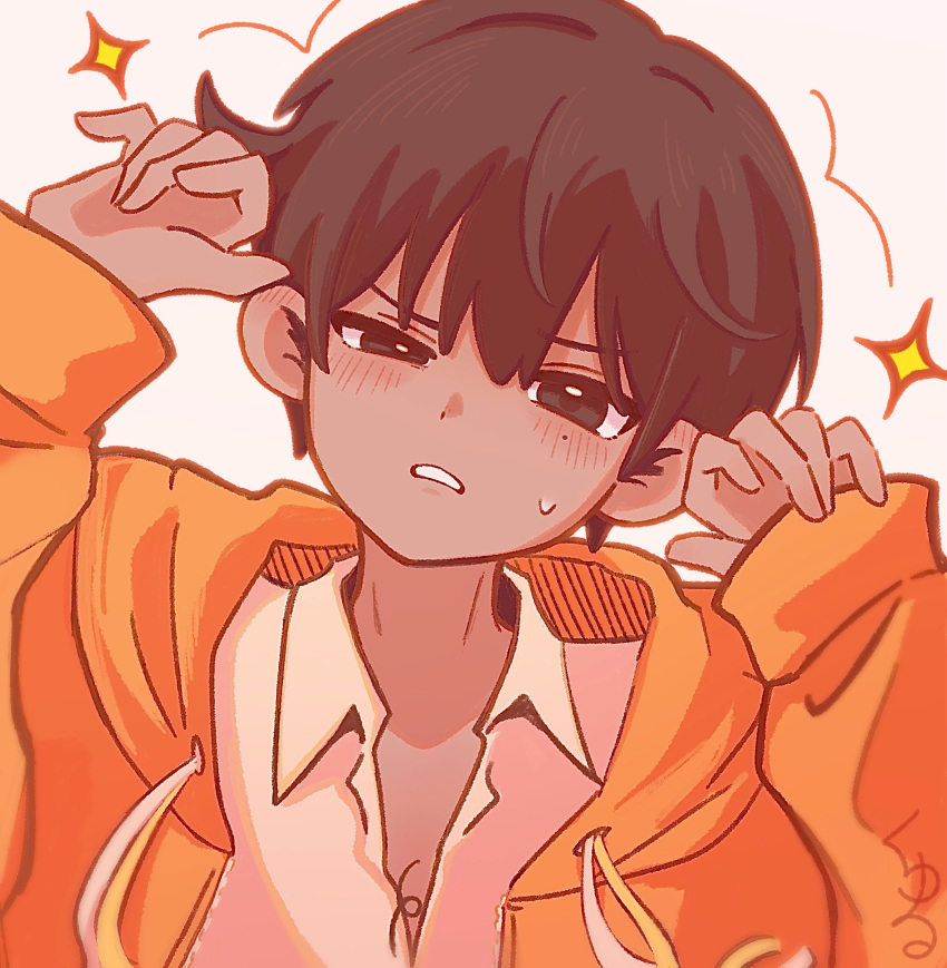 1boy, alternate_costume, blush, brown_eyes, brown_hair, clenched_teeth, collared_shirt, commentary_request, cowlick, dark-skinned_male, dark_skin, drawstring, dutch_angle, ear_blush, grey_background, hair_behind_ear, hair_between_eyes, half-closed_eye, hands_up, highres, hood, hood_down, hooded_jacket, jacket, long_sleeves, male_focus, mikhael_(omori), mole, mole_under_eye, omori, open_clothes, open_jacket, orange_jacket, orange_outline, outline, puffy_long_sleeves, puffy_sleeves, redrawn, shirt, short_hair, simple_background, sleeves_past_wrists, solo, sparkle, sparse_chest_hair, straight-on, sweatdrop, teeth, tsurime, uneven_eyes, upper_body, v-shaped_eyebrows, very_short_hair, white_shirt, yu_kuli
