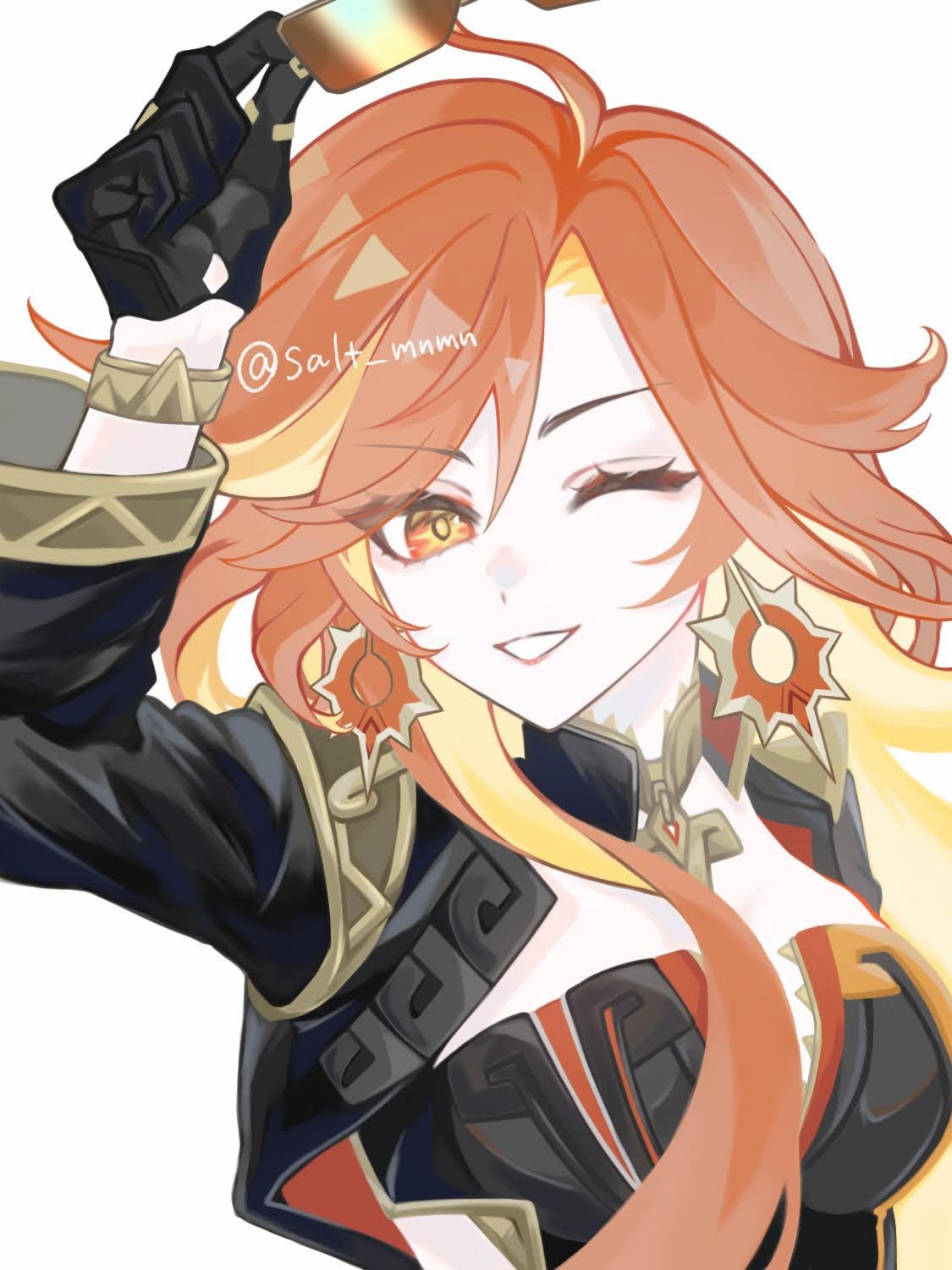 commentary_request, genshin_impact, highres, mavuika_(genshin_impact), one_eye_closed, smile, sunglasses, tadanootaku234