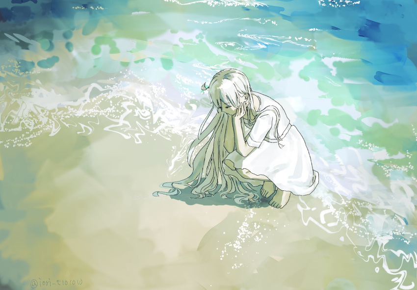 1girl, barefoot, closed_eyes, dress, facing_down, fate/grand_order, fate_(series), full_body