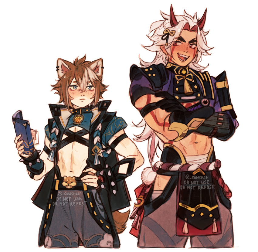 2boys, absurdres, animal_ear_piercing, animal_ears, arataki_itto, arataki_itto_(cosplay), book, brown_hair