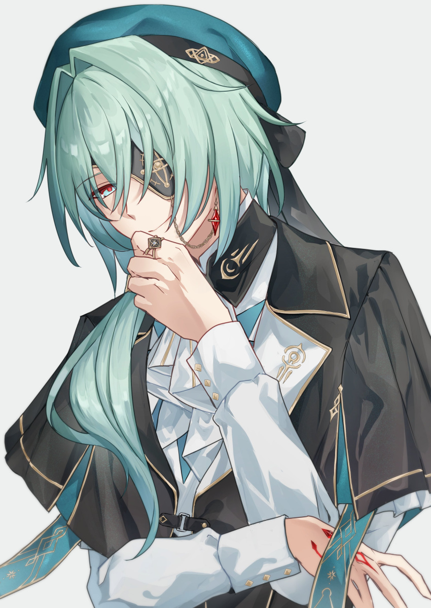 1boy, absurdres, anaxa_(honkai:_star_rail), anaxa_(impression)_(honkai:_star_rail), beret, black_capelet, capelet, closed_mouth
