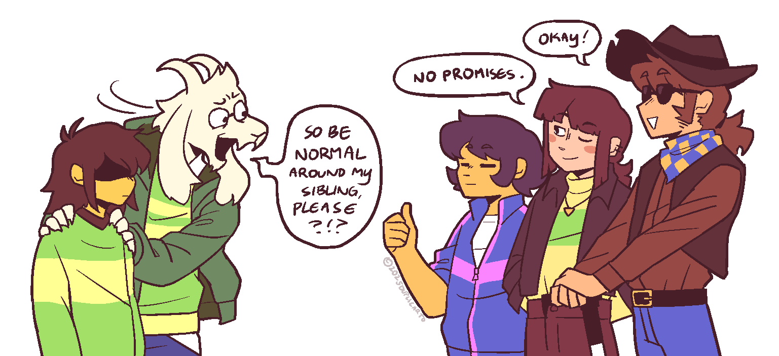 1boy, 4others, alt_text, androgynous, animal_ears, asriel_dreemurr, belt, black_belt, black_eyes, black_jacket, blue_pants, brown_hair, brown_hat, brown_shirt, brown_vest, cane, chara_(undertale), checkered_bandana, closed_mouth, clover_(undertale_yellow), collared_shirt, colored_skin, commentary, cowboy_hat, deltarune, denim, duplicarto, ear_piercing, english_commentary, fangs, frisk_(undertale), furry, furry_male, glasses, green_jacket, green_sweater, hands_on_another's_shoulders, hat, heart, heart_necklace, holding, holding_cane, hood, hood_down, horns, jacket, jeans, jewelry, kris_(deltarune), long_sleeves, looking_at_another, looking_at_viewer, multiple_others, necklace, no_eyes, one_eye_closed, open_clothes, open_jacket, open_mouth, open_vest, pants, partially_open_jacket, partially_unzipped, piercing, purple_jacket, round_eyewear, shaded_face, shirt, short_hair, sidelocks, skin_fangs, sunglasses, sweater, triangle_mouth, undertale, undertale_yellow, utdr_(toby_fox), vest, white_shirt, yellow_skin, zipper, zipper_pull_tab