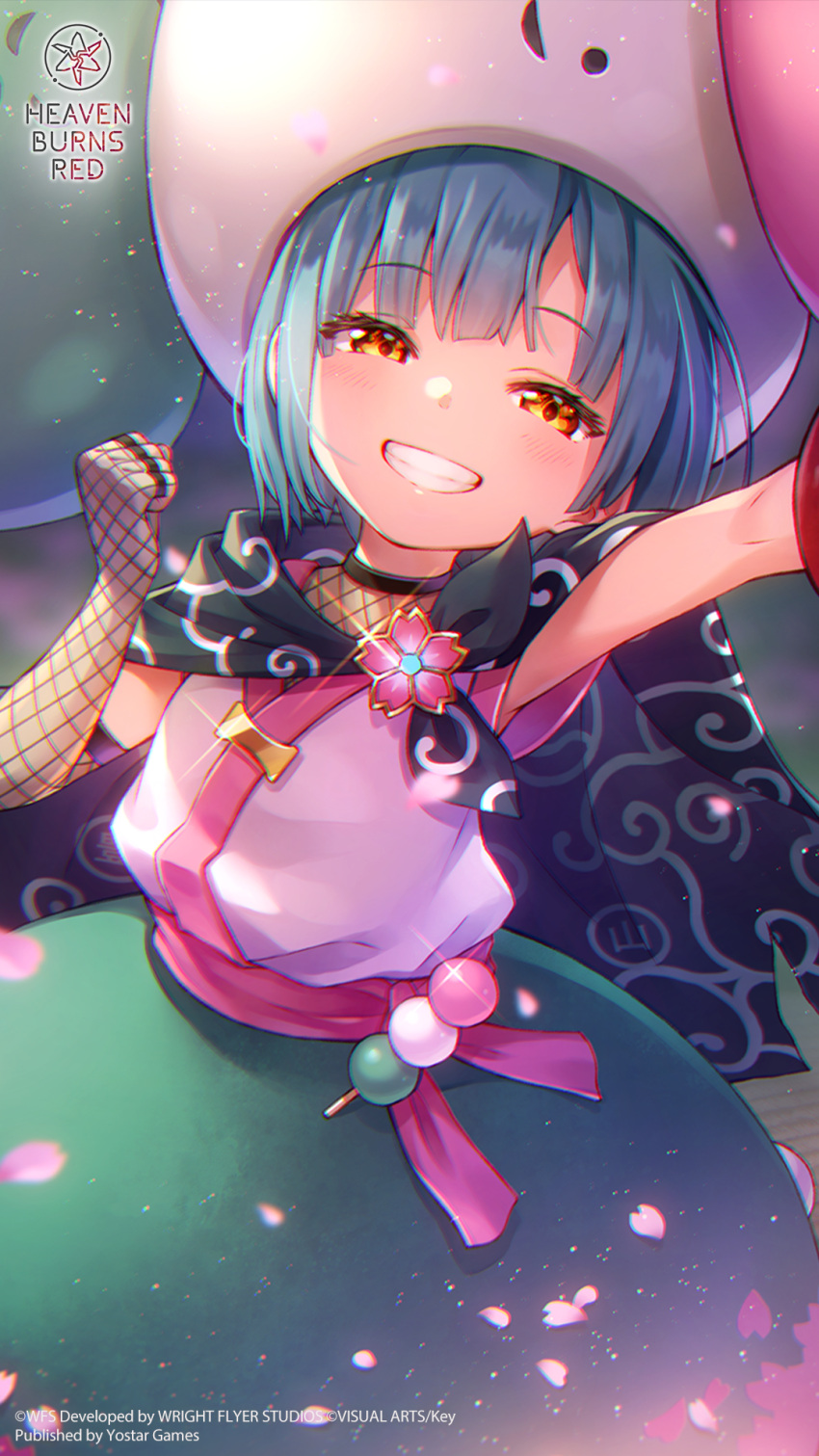 1girl, :d, black_cape, blue_hair, blunt_bangs, blunt_ends, blurry, blurry_background