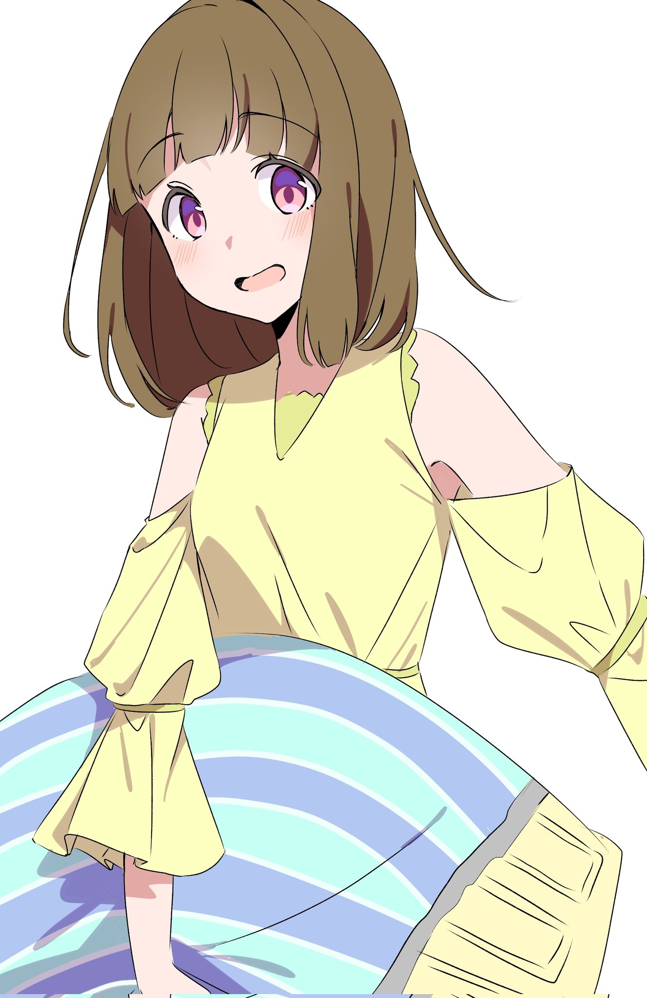 1girl, :d, bare_shoulders, blunt_bangs, blush, brown_hair, clothing_cutout, commentary