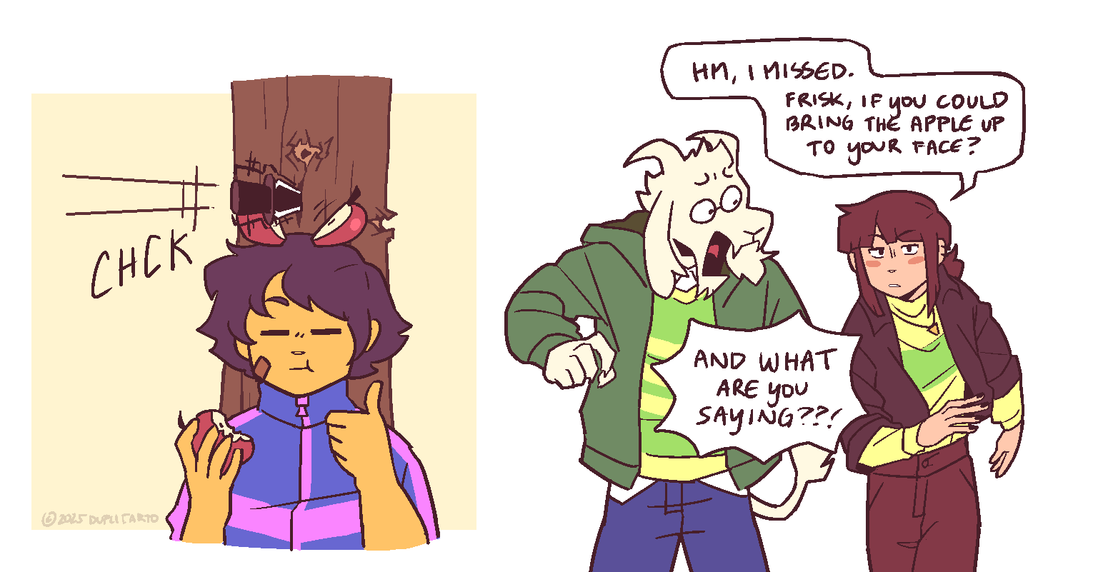 1boy, 2others, :t, alt_text, apple_on_head, asriel_dreemurr, black_nails, brown_hair