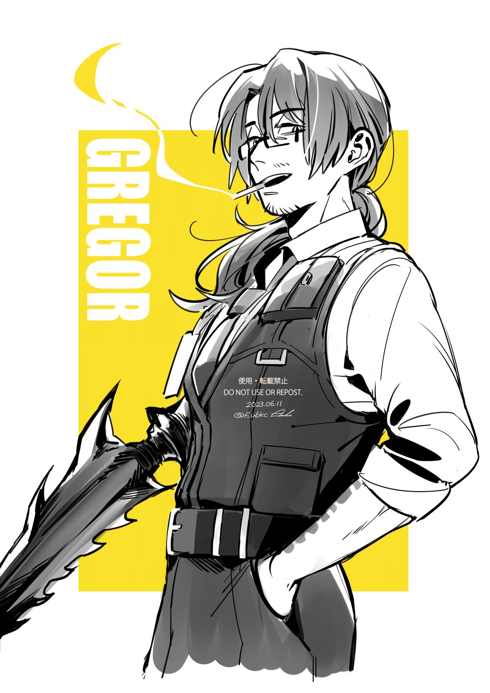 1boy, arm_tattoo, arthropod_limbs, bad_source, beard_stubble, belt, character_name, cigarette