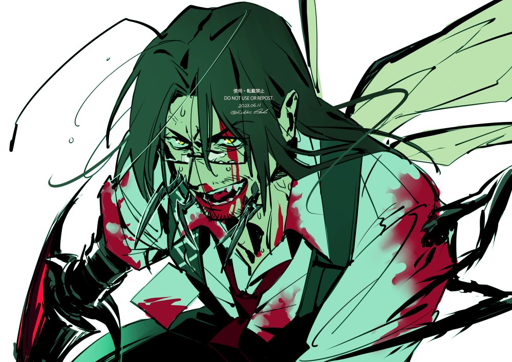 1boy, antennae, arthropod_limbs, bad_source, beard_stubble, black_hair, black_pants, black_vest