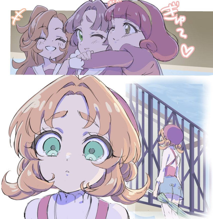 +++, 4girls, absurdres, ahoge, akechi_anna, arms_around_neck, beret, blue_skirt