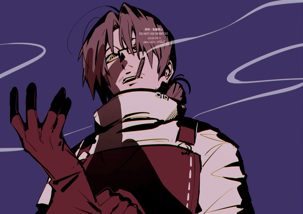 1boy, apron, brown_apron, brown_gloves, brown_hair, cigarette, f_ubkc, facial_hair