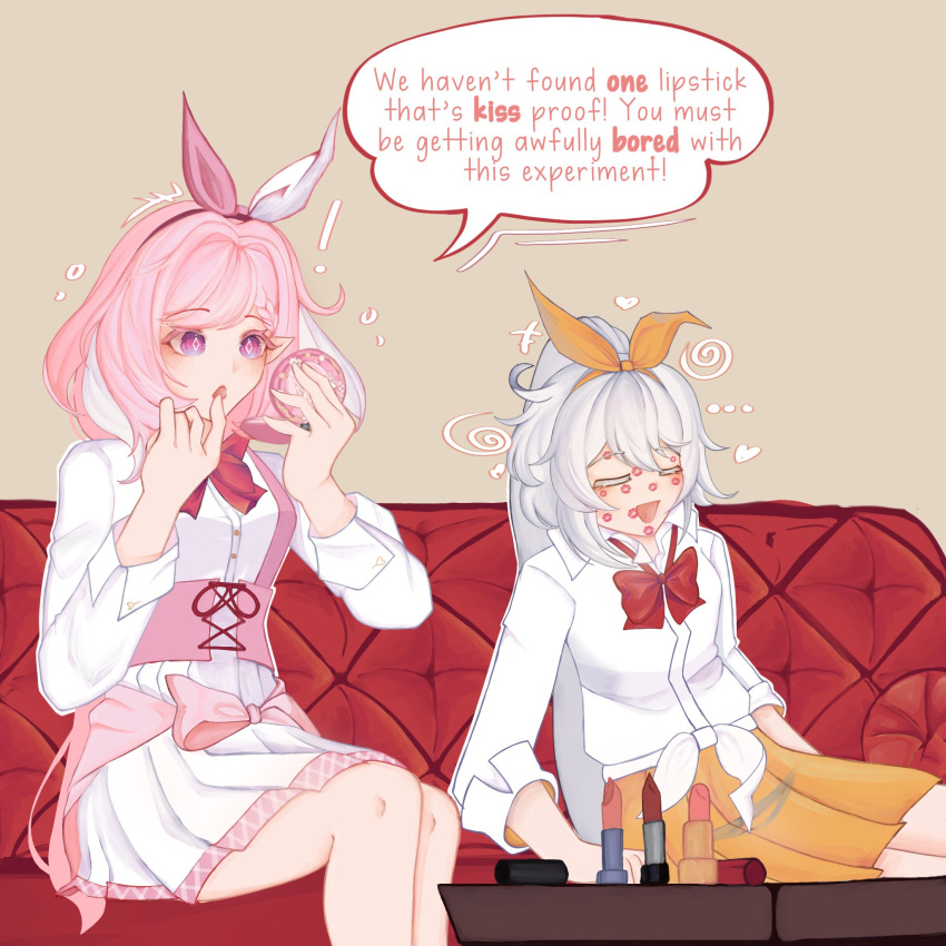 2girls, applying_lipstick, applying_makeup, breasts, clothes_around_waist, commentary, cosmetics, couch