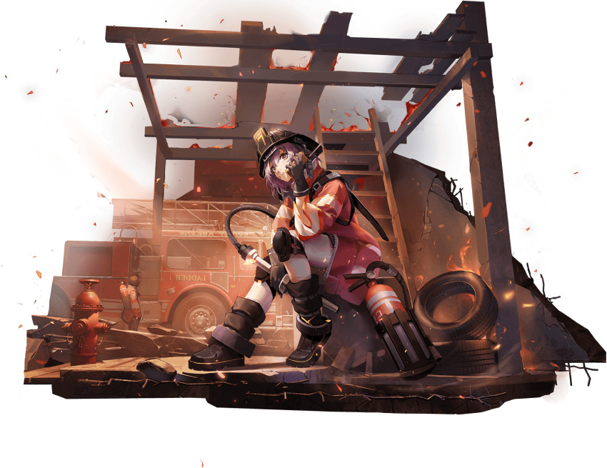 1girl, backwards_text, destruction, fire, fire_extinguisher, fire_helmet, fire_hydrant, fire_truck, firefighter, firefighter_jacket, flora_(path_to_nowhere), holding, holding_hose, holding_walkie-talkie, hose, hose_nozzle, jacket, knee_pads, ladder, motor_vehicle, official_art, path_to_nowhere, purple_hair, red_eyes, truck, unused_tire, walkie-talkie