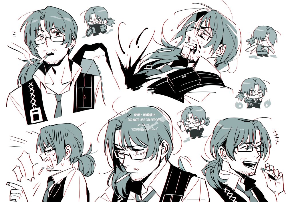 1boy, bad_source, beard_stubble, blank_speech_bubble, blood, blood_on_face, chibi, cigarette, clenched_teeth, closed_mouth, collared_shirt, f_ubkc, facial_hair, firefist_office_(identity)_(project_moon), g_corp._(identity)_(project_moon), glasses, gregor_(project_moon), holding, holding_cigarette, holding_jacket, holding_unworn_clothes, jacket, laughing, limbus_company, looking_at_viewer, male_focus, medium_hair, monochrome, multiple_views, necktie, official_alternate_costume, open_mouth, parted_bangs, project_moon, r.b._(identity)_(project_moon), rosespanner_workshop_(identity)_(project_moon), shirt, simple_background, smile, smoke, smoke_trail, smoking, solo_focus, speech_bubble, stubble, sweat, teeth, unworn_jacket, vest, waistcoat, white_background