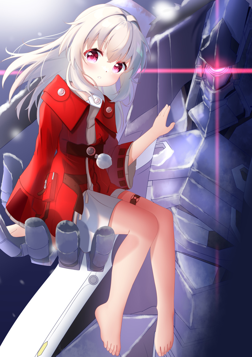 1girl, absurdres, barefoot, clara_(honkai:_star_rail), commentary_request, dian_zhi_sang, hair_between_eyes, highres, honkai:_star_rail, honkai_(series), jacket, long_hair, long_sleeves, looking_at_viewer, open_mouth, red_eyes, red_jacket, sitting, thigh_strap, white_hair
