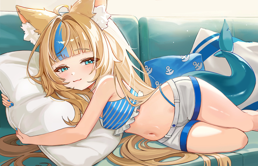 1girl, :3, ahoge, animal_ear_fluff, animal_ears, bikini, bikini_bottom_under_shorts, bikini_under_clothes, blonde_hair, blue_bikini, blue_nails, blue_streaks, blunt_bangs, blush, couch, fins, fish_girl, fish_tail, frilled_bikini, frills, hair_intakes, highleg, highleg_bikini, highres, hugging_object, indie_virtual_youtuber, long_hair, looking_at_viewer, lying, midriff, multicolored_hair, navel, on_couch, on_side, pillow, pillow_hug, sameko_saba, sameko_saba_(1st_costume), shorts, solo, streaked_hair, striped_bikini, striped_clothes, swimsuit, tail, thighs, very_long_hair, white_shorts, wuku_(5kukuu)