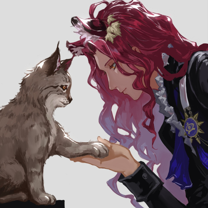 1boy, animal_ear_fluff, animal_ears, animalization, arknights, black_coat, chinese_commentary, coat